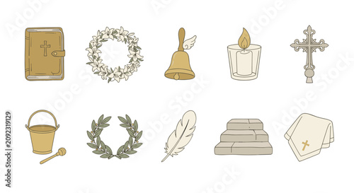 Obraz na płótnie A collection of religious and ceremonial objects including a Bible, floral wreath, church bell, votive candle, crucifix, holy water bucket, laurel wreath, feather, altar steps, and sacred cloth