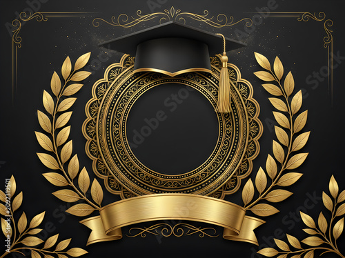 Graduation celebration with elegant gold laurel wreath and cap on dark background, intricate design, luxurious feel