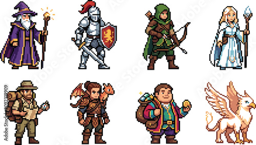 Bild auf Leinwand Collection of Fantasy Pixel Character Illustrations Featuring Wizard, Knight, Ar
