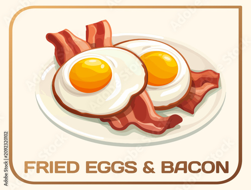 Classic breakfast of fried eggs and crispy bacon vector icon. Two sunny-side-up eggs with vibrant yellow yolks with strips of crisp sizzling bacon on simple white plate. Visual appeal of a tasty