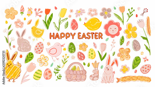 Fotografía Easter Illustration Set With Bunnies Birds Flowers And Decorated Eggs