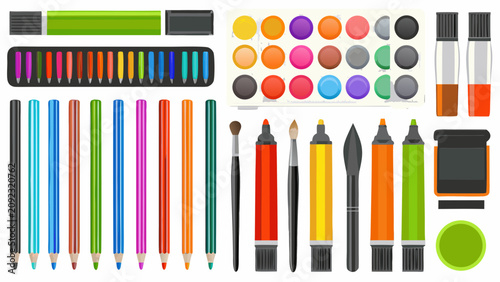 Slika na platnu Assorted Art Supplies And Writing Tools Flat Vector Illustration