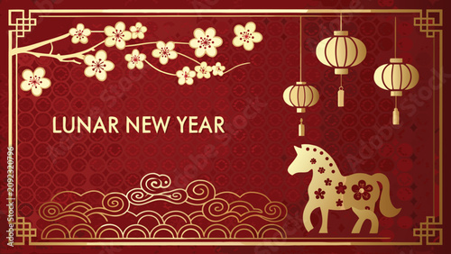 Floral ornament and lanterns traditional red and gold vector illustration