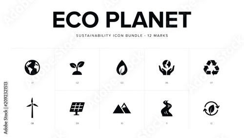 Eco friendly sustainability icon set with 12 modern black and white symbols for green initiatives with set against stark white background high contrast modern appeal