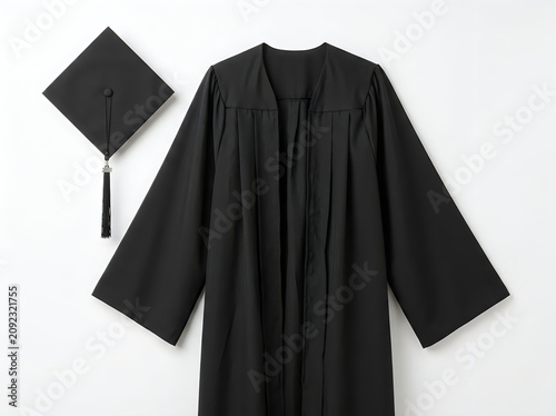 Graduation attire with cap and gown displayed on white background for academic celebration and achievement
