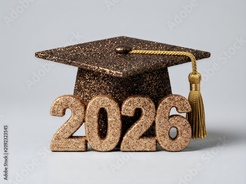 Graduation cap with 2026 on glittery background, gold tassel, celebration, achievement, academic success, festive decoration