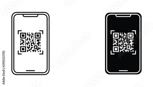 Smartphone QR code scanning icons featuring mobile device interface in both outline and solid black styles for digital payments and contactless technology assets