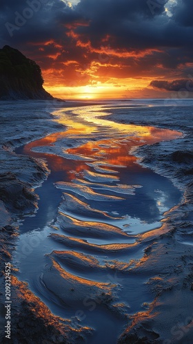 Golden hues paint the sky as waves gently caress the shore reflecting tranquil beauty