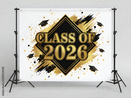 Graduation celebration banner with class of 2026 text and gold splatter design on white background for school event