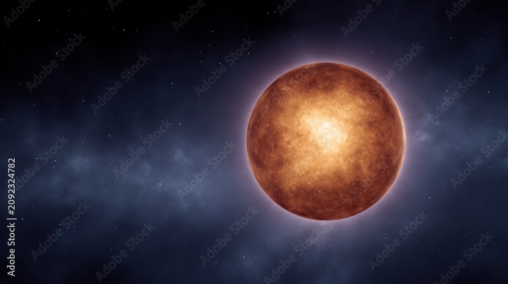 Fototapeta premium A bright red star shines in dark space lighting up the cosmic dust around it