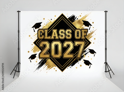 Class of 2027 graduation backdrop with gold and black design and flying graduation caps on white background