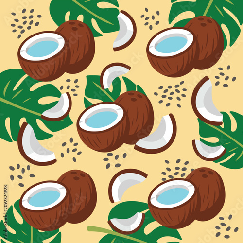 Vector seamless background featuring fresh whole and half coconuts with water inside, pieces of coconut, green tropical monstera leaves, and abstract seeds. Perfect for summer designs, wallpapers