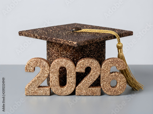 2026 graduation celebration with glittery black cap and gold tassel on neutral background for academic achievement