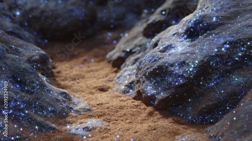 A sandy trail winds through dark rocks with sparkling stars above