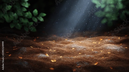 Sunlight filters through leaves creating a magical glow on the autumn soil