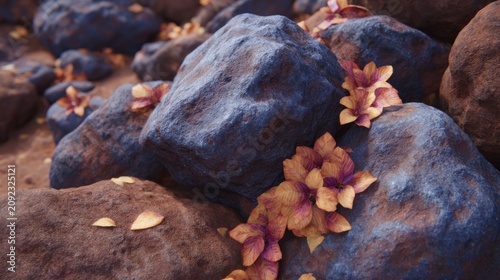 Flowers in soft hues grow gently on rugged rocks creating a tranquil and vibrant scene