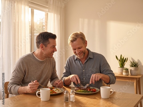 Happy Mature Gay Couple Enjoying Dinner Together at Home. copy space