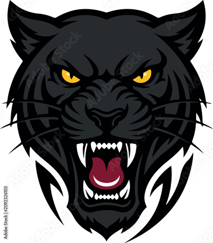 Bild auf Leinwand Black panther head ferocious aggressive animal mascot roaring with sharp teeth and yellow eyes
