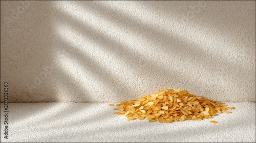 Warm light casts golden flakes on a smooth surface creating artful shadows