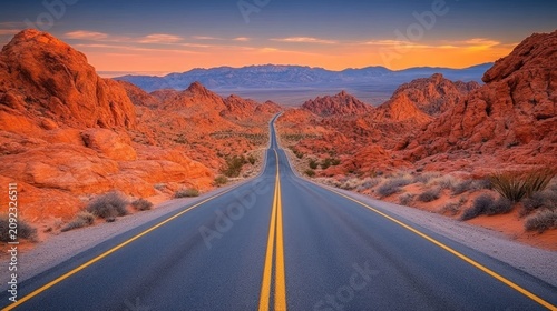 Vibrant sunset light illuminates the winding road amidst striking red rock formations