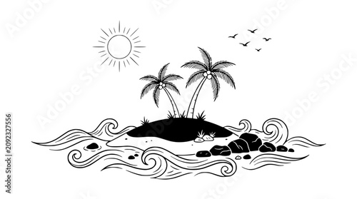 Bild auf Leinwand Tropical Island Paradise with Palm Trees, Ocean Waves, and Sun