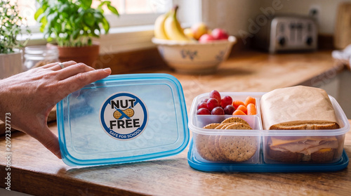 A hand holds the lid of a plastic lunch box containing a sandwich, crackers, grapes, and carrots on a wooden countertop, featuring a Nut Free sticker.