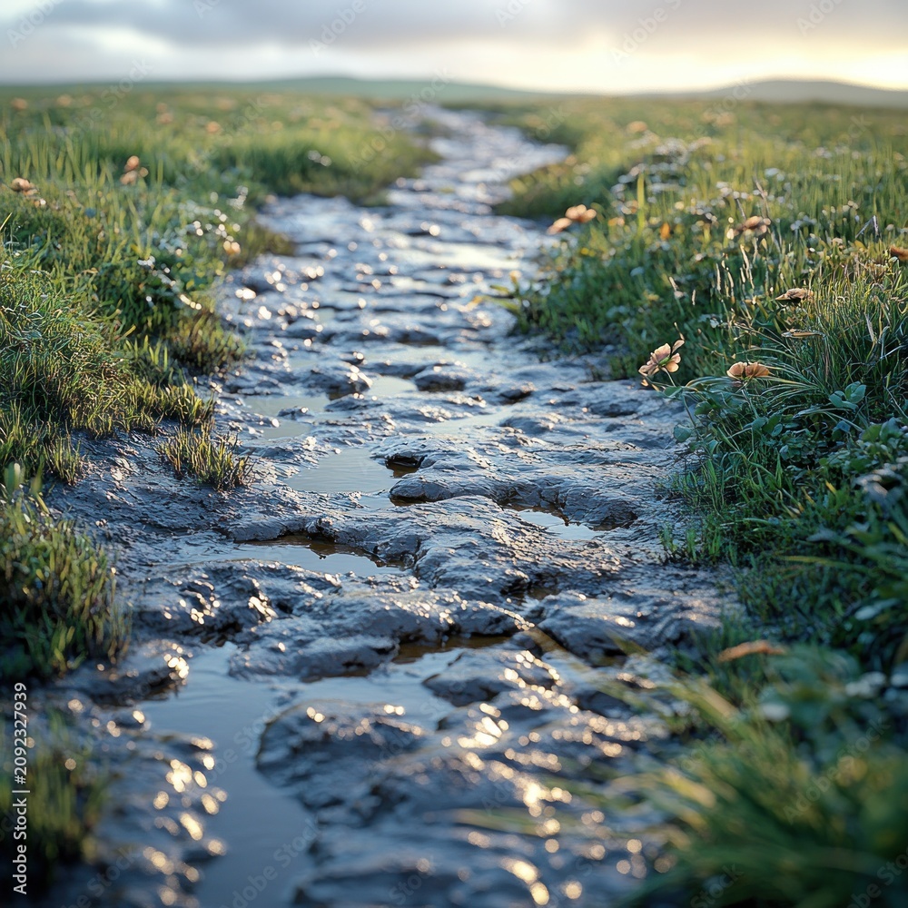 Fototapeta premium A serene stream flows gently through vibrant grass reflecting the soft morning light