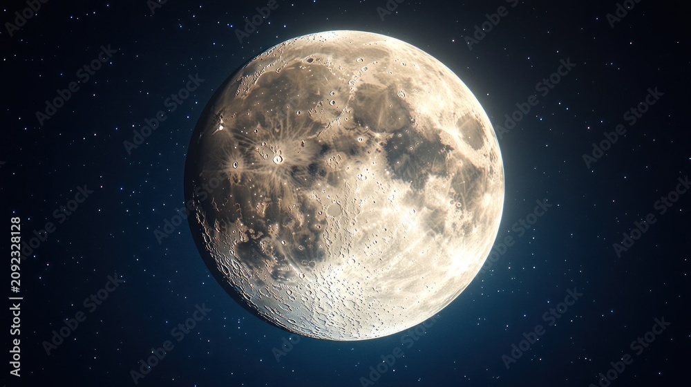 Obraz premium Bright moon illuminates the dark sky surrounded by countless sparkling stars