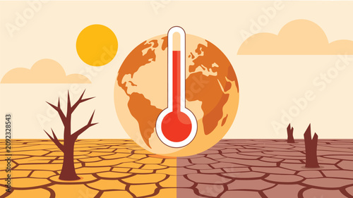 Earth globe with a rising thermometer depicting severe drought and scorching global temperatures