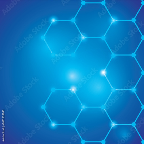 Abstract blue background with glowing connected hexagons and dots