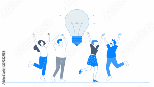 Bild auf Leinwand People Celebrating With Lightbulb Linear Vector Illustration