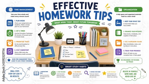 Effective Homework Tips Infographic for Student Study Habits and Time Management