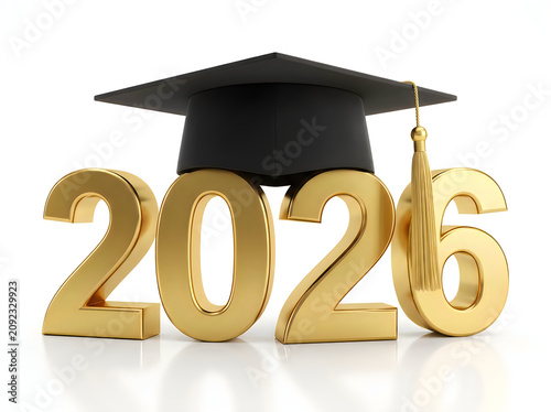 Graduation celebration with golden 2026 and cap on white background, symbolizing academic achievement and success