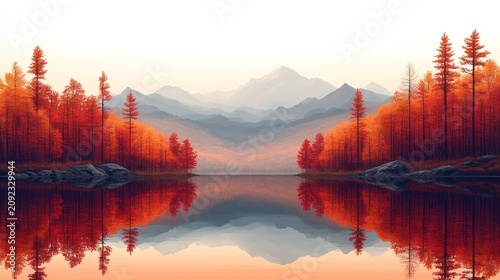 Golden leaves reflect in calm waters surrounded by majestic mountains at dawn