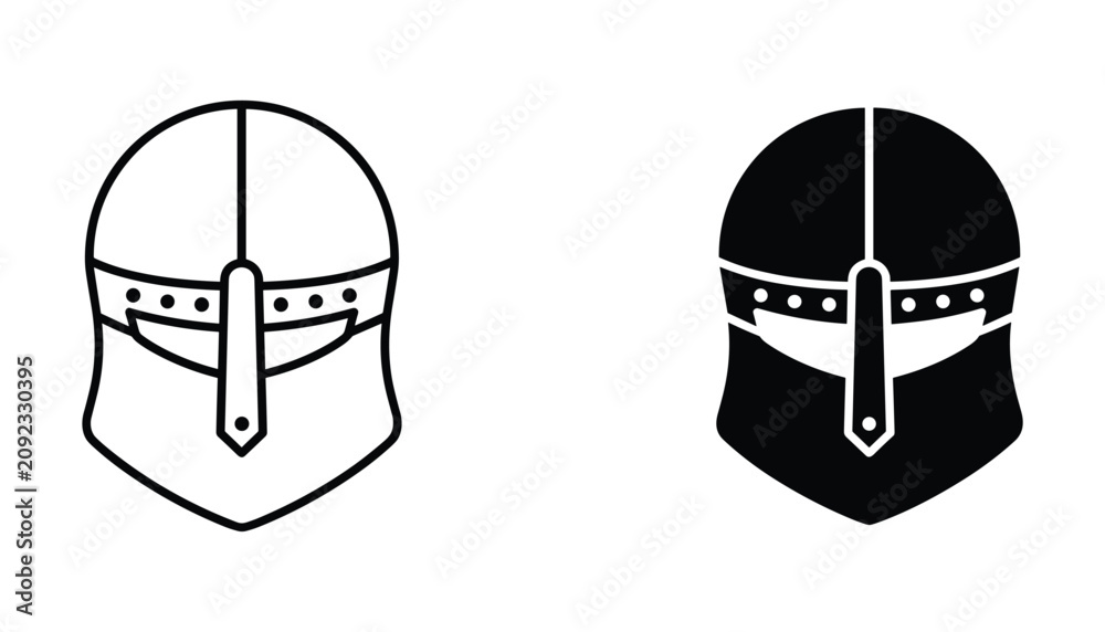 Fototapeta premium Medieval knight helmet icon set featuring detailed line art and solid black graphic style for historical theme branding and game design assets isolated on clean white background surface