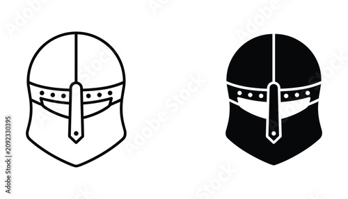 Fotografía Medieval knight helmet icon set featuring detailed line art and solid black grap