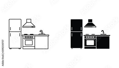 Modern kitchen appliance icon set featuring refrigerator and stove with hood in linear and solid black vector style for interior design and home renovation projects on white