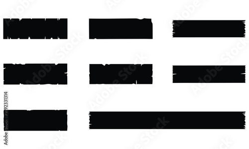 Set of eight black rectangular tape strips and torn paper edges with rough textures, isolated on a clean white background