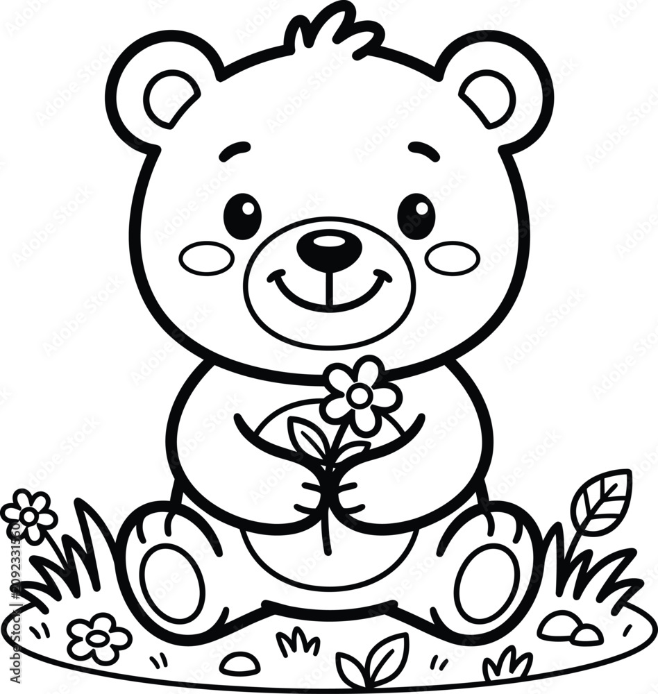 Obraz premium Cute teddy bear with flowers coloring page for kids and toddlers activity book