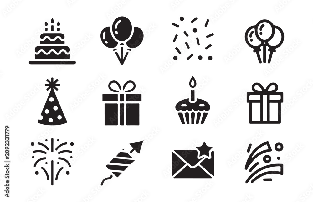 Fototapeta premium Event icons set with cake balloons confetti and gift box symbols for party and celebration apps.
