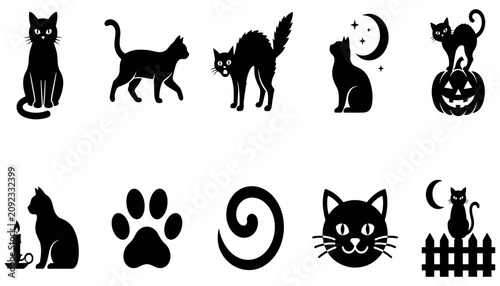 Billede på lærred Cat Halloween Icons Set with Black Silhouettes, Paws, Bats, Pumpkins, Candles, a