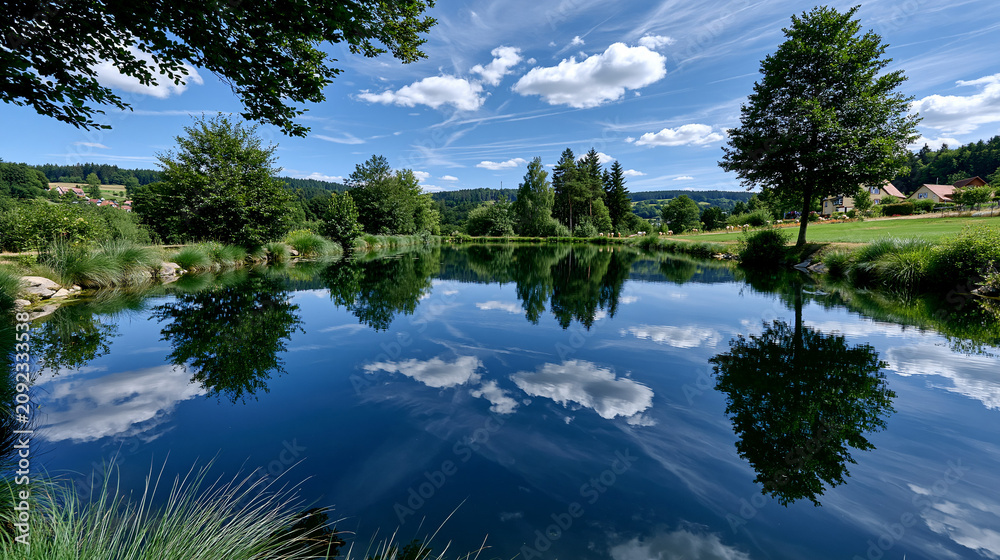 Obraz premium Ruhiger Teich spiegelt blauen Himmel und grüne Bäume