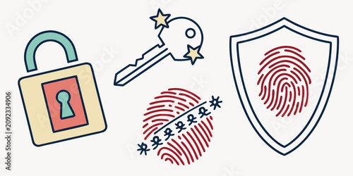 Illustration of security icons including a padlock key fingerprint shield with security fingerprint illustration protection verification authentication encryption password information