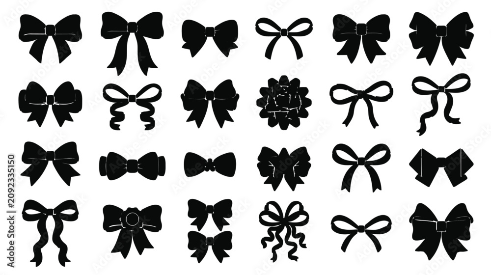 Fototapeta premium Black Bow Silhouette Collection with Ribbon, Gift Wrap, Ponytail and Decorative Bowknot Shapes for Design