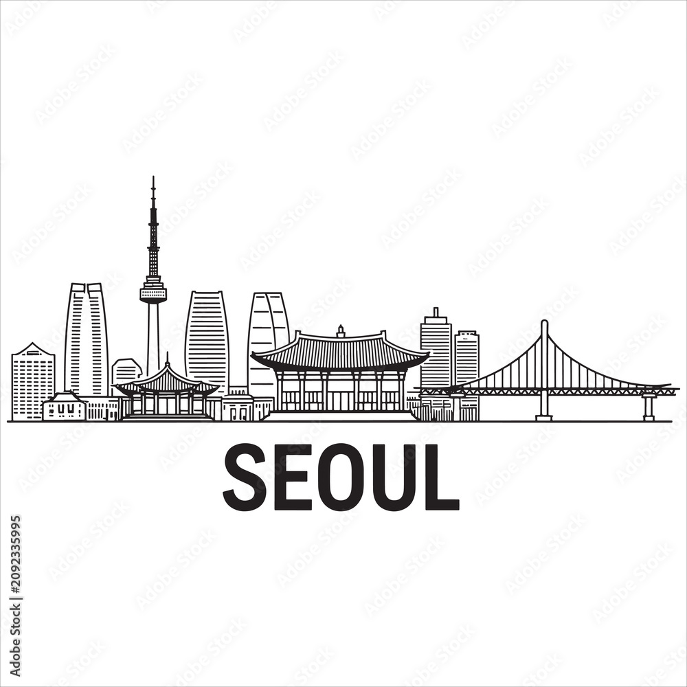 Obraz premium Sketch illustration of seoul's iconic cityscape with traditional and modern landmarks