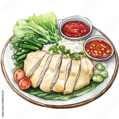 Hainanese Chicken Rice, watercolor vector portraying a joyful pose with colorful highlights, isolated on a white background.