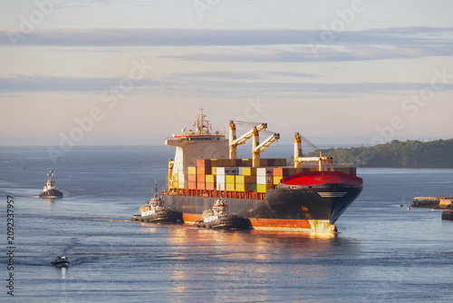 Photos Bateau cargo avec conteneurs et bateaux accompagnateurs, jour, horizontal