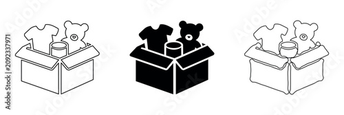 Donation box filled with clothes, teddy bear, and canned goods icons