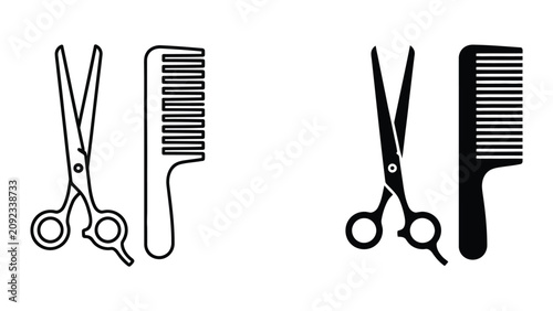 Professional barber shears and hair comb set in outline and solid black vector illustration style