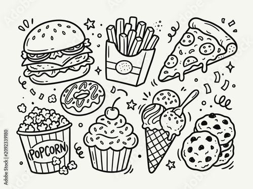 Canvastavla A colorful illustration of various fast food items including burger, fries, pizza, popcorn, cupcake, ice cream, and cookies